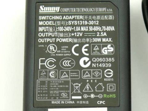 ZASILACZ SUNNY 12V 2.5A 3 LATA GW.