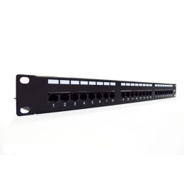 Panel krosowy (patch panel) 19'' 24x RJ45, kat.6, ekranowany, LSA poziom, prowadnica kabli, pola opisowe, 1U, czarny (kompletny)