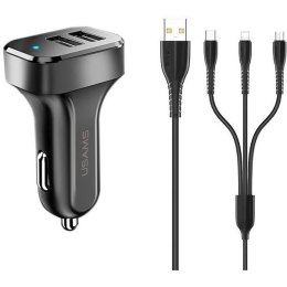 Ładowarka samochodowa 2xUSB 2,1A 3w1 kable microUSB/USB-C/Lightning