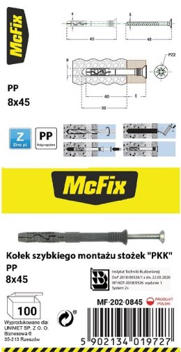 KOŁEK SZYBKI MONTAŻ STOŻEK PP 8*45MM