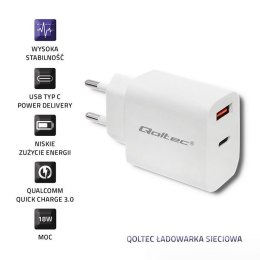 Ładowarka sieciowa | 18W | 5-12V | 1.5-3A | USB typ C PD | USB QC 3.0 | Biała