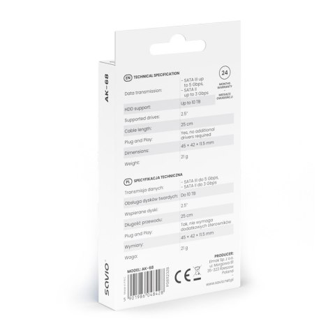 Adapter USB-A 3.1 Gen 1 (M) - SATA (F) do dysków SATA 2.5 cala , AK-68