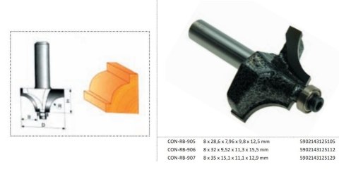 CONDOR FREZ DO DREWNA, DO ZAOKRĄGLEŃ Fi=28,6 12,5 x 9,8 x 7,96mm TRZPIEŃ 8mm Z ŁOŻYSKIEM