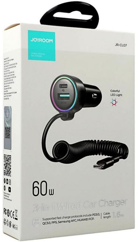 Ładowarka samochodowa 3w1 Joyroom JR-CL07 72W 4.0A PD 3.0 QC 3.0 1x USB-A 1x USB-C z kablem 1.6M