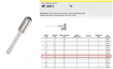 KLINGSPOR FREZ DO METALU HF 100 C FI=6,0x18mm TRZPIEŃ 6mm TYP WRC, WALCOWO-KULISTY