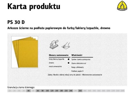 KLINGSPOR ARKUSZE ŚCIERNE NA PODŁOŻU PAPIEROWYM 230mm x 280mm PS30D gr.150 /50szt.