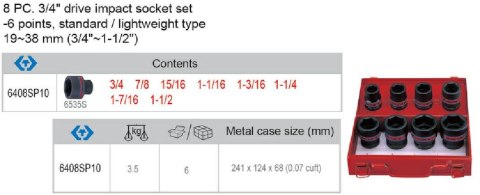 KING TONY KOMPLET NASADEK UDAROWYCH 3/4" 8cz. KR. 6K. CALOWE 3/4-1.1/2"