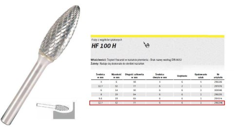 KLINGSPOR FREZ DO METALU HF 100 H FI=12,7x32mm TRZPIEŃ 6mm, PŁOMIEŃ