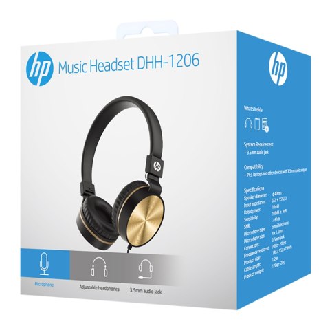 HP DHH-1206 słuchawki z mikrofonem, regulacja głośności, czarno-złota, klasyczna typ 3,5mm jack