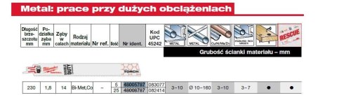 MILWAUKEE BRZESZCZOT DO PIŁY SZABLASTEJ 230/1,8mm 5szt. METAL (CIENKI) (5) METAL ICE EDGE