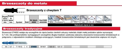 MILWAUKEE BRZESZCZOT DO WYRZYNARKI 55/0,7mm T118G 5szt. METAL