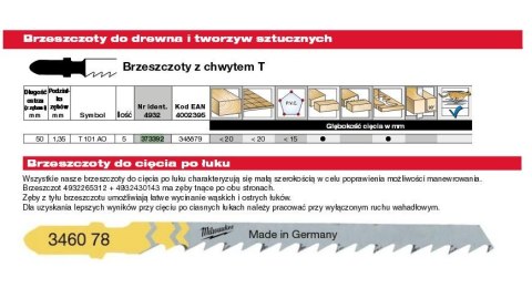 MILWAUKEE BRZESZCZOT DO WYRZYNARKI T101AO 50mm KOMPLET - 5szt. DREWNO/PCV, CIĘCIE PO ŁUKU