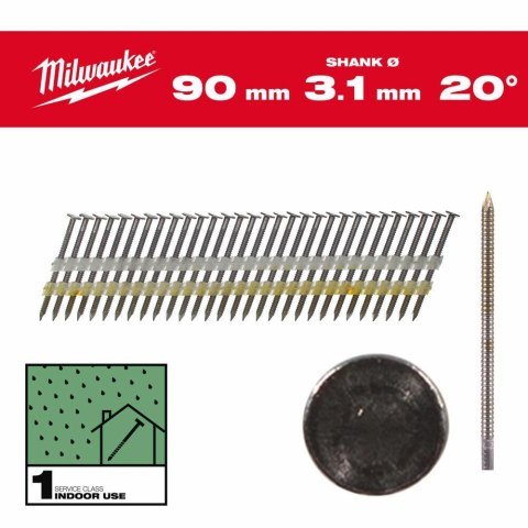 MILWAUKEE GWOŹDZIE 20° PIERŚCIENIOWE OKRĄGŁY ŁEB JASNY 90mm /1750szt. - M18 FFN21