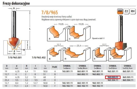 CMT FREZ DEKORACYJNY HM D=19 d=6,35 R=3,2 I=13 S=12