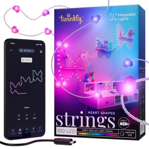 Inteligentne lampki dekoracyjne Strings USB-C (Candies) 100 LED RGB, serca, przezroczysty przewód, 6 m