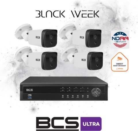 Zestaw monitoringu IP BCS Ultra 4x Kamera tubowa BCS IP 5 mpx Rejestrator Dysk 6TB