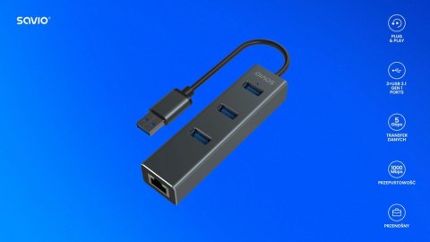 Hub AK-58 3-portowy USB-A 3.1 Gen 1 z adapterem RJ-45 Gigabit Ethernet