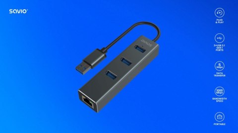 Hub AK-58 3-portowy USB-A 3.1 Gen 1 z adapterem RJ-45 Gigabit Ethernet