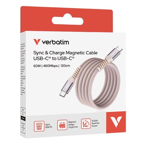 Verbatim USB kabel USB C (M) - USB C (M), 60W, 1.2m, magnetyczny, różowy, box, 31853