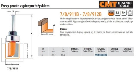 CMT FREZ HM D=16 I=31,7 L=60 S=8+GÓR.ŁOŻ PROSTY, Z GÓRNYM ŁOŻYSKIEM.