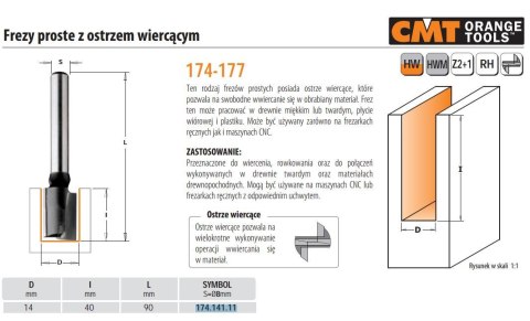 CMT FREZ HM D=14 I=40 L=90 S=8 PROSTY Z OSTRZEM WIERCĄCYM.