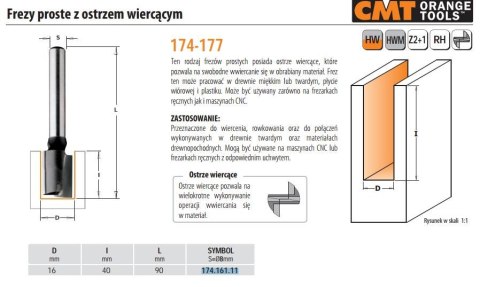 CMT FREZ HM D=16 I=40 L=90 S=8 ... PROSTY Z OSTRZEM WIERCĄCYM.