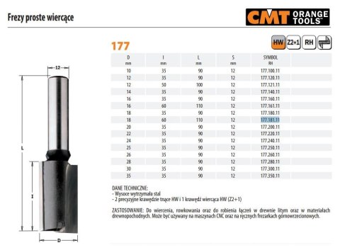 CMT FREZ HM D=18 I=60 L=110 S=12... PROSTY WIERCĄCY.