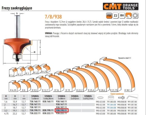 CMT FREZ HM R= 3,2 D=19,1 I=12,7 S=8 ZAOKRĄGLAJĄCY Z ŁOŻYSKIEM. ...
