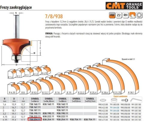 CMT FREZ HM R= 6,35 D=25,4 I=12,7 S=6... ZAOKRĄGLAJĄCY Z ŁOŻYSKIEM%%%