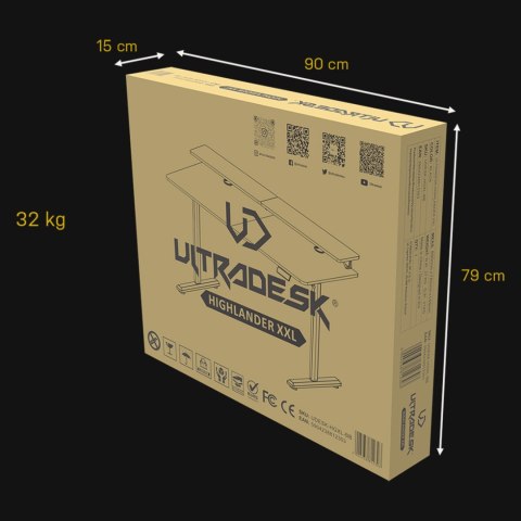 ULTRADESK HIGHLANDER XXL BLACK Biurko z elektryczną regulacją wysokości z uchwytem słuchawki i kable 160X70 cm, czarny