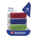 Verbatim USB flash disk, USB 2.0, 16GB, Slider, zielony, niebieski, czerwony, 49326, USB A, z wysuwanym złączem. 3 szt