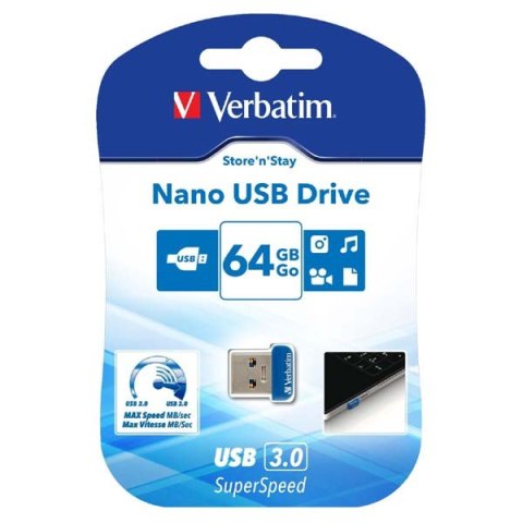 Verbatim USB flash disk, USB 3.0, 64GB, Nano, Store N Stay, niebieski, 98711, USB A