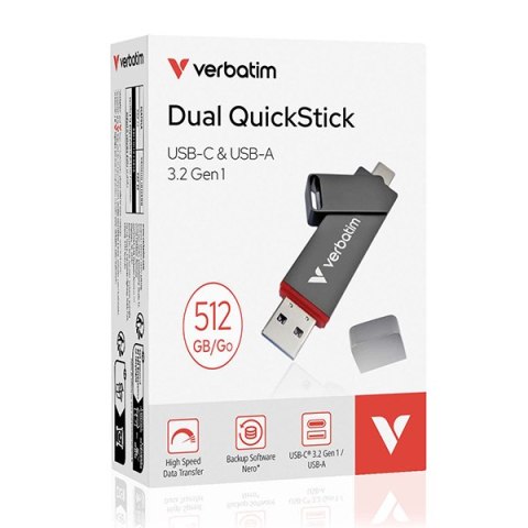 Verbatim USB flash disk, USB C a USB 3.2 Gen 1, 1000GB, Dual QuickStick, szary, 32043, USB C, z oczkiem na brelok