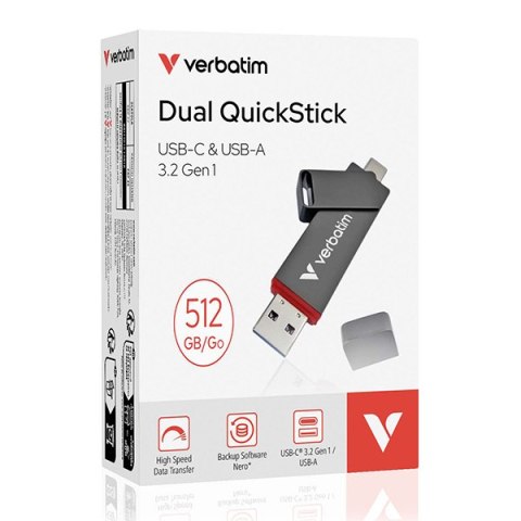Verbatim USB flash disk, USB C a USB 3.2 Gen 1, 512GB, Dual QuickStick, szary, 32042, USB C, z oczkiem na brelok