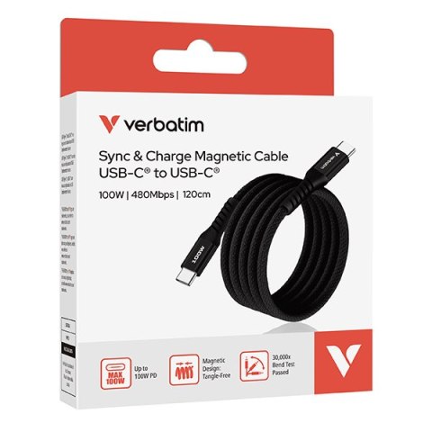 Verbatim USB kabel USB C (M) - USB C (M), 100W, 1.2m, magnetyczny, czarny, box, 31863