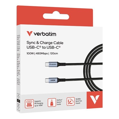 Verbatim USB kabel USB C (M) - USB C (M), 100W, 1.2m, czarny, box, 31846