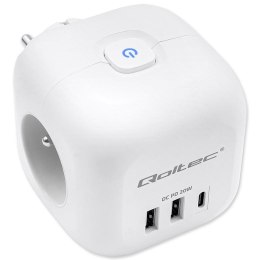 Kostka zasilająca Qoltec przedłużacz 6w1 z podświetlanym włącznikiem | 3x AC | 2x USB | 1x USB-C PD 20W | Biała