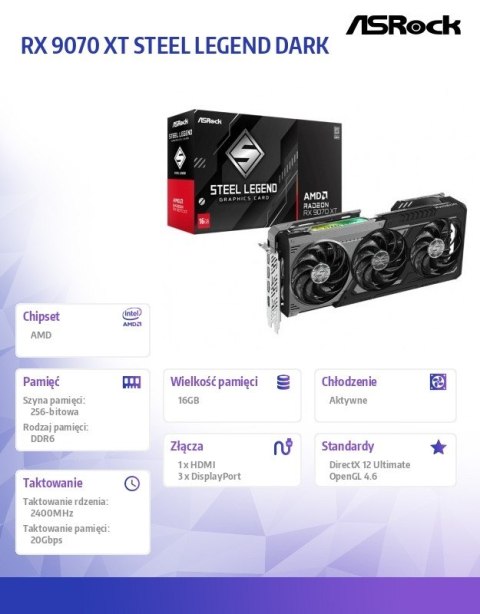Karta graficzna Radeon RX 9070 XT STEEL LEGEND DARK 16GB GDDR6 256bit 3DP/HDMI