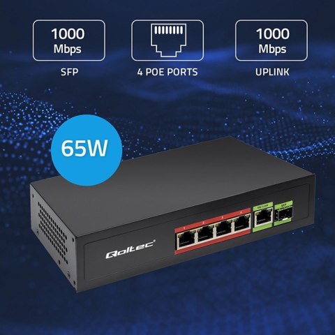 Przełącznik sieciowy SWITCH FAST ETHERNET PoE 4x RJ45 PoE 1x RJ45Uplink 1x SFP | 65W | 1000 Mb/s