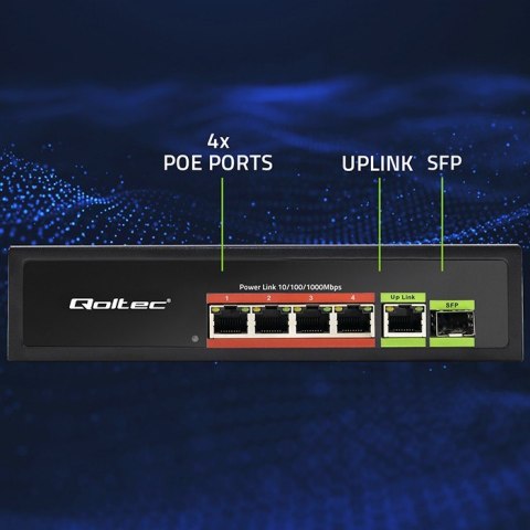 Przełącznik sieciowy SWITCH FAST ETHERNET PoE 4x RJ45 PoE 1x RJ45Uplink 1x SFP | 65W | 1000 Mb/s