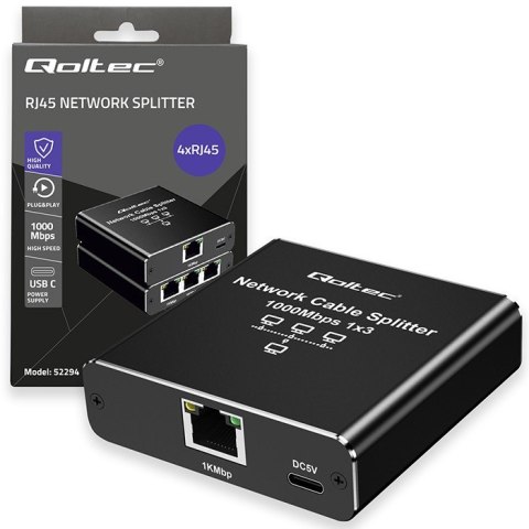 Rozdzielacz Splitter Ethernet mini SWITCH 1x3 RJ45 | 1000Mb/s | USB-C | Aluminium