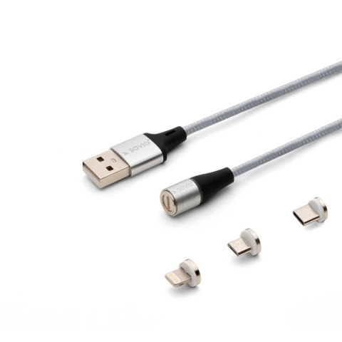 Kabel USB 2.0 SAVIO CL-153 USB - USB Typ C, Micro i Lightning, QC i PD 3.0, magnetyczny, 1m, srebrny