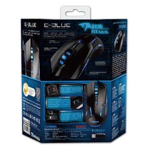 Mysz przewodowa USB, E-blue Mazer RX, czarna, optyczna, 2500DPI