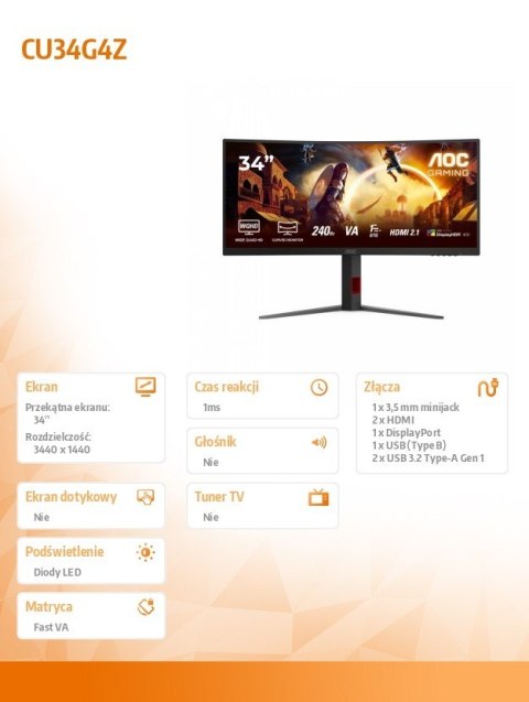 Monitor CU34G4Z 34 cale 240Hz Curved VA HDMIx2 DP HAS