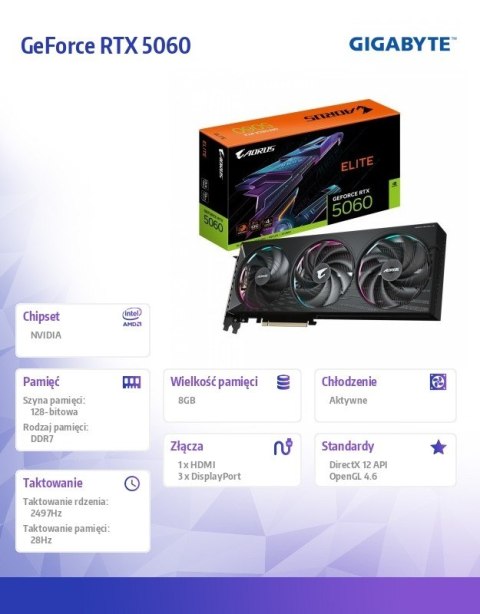 Karta graficzna AORUS GeForce RTX 5060 ELITE 8GB 128BIT GDDR7 HDMI/DP