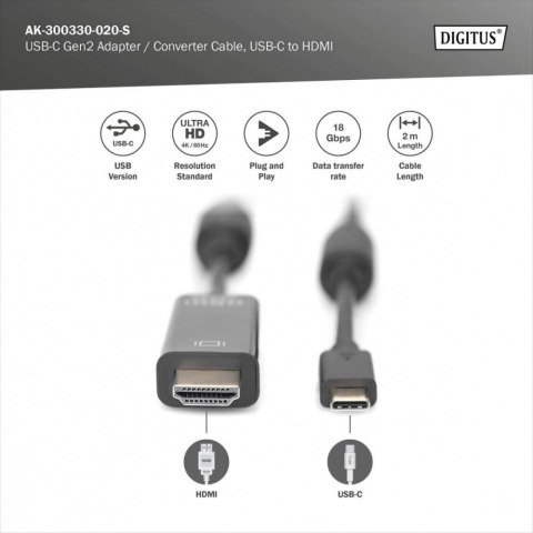 Kabel USB Type-C/HDMI M/M USB 3.1 Gen.2 SuperSpeed+ 4K/60Hz 18Gbps 2m czarny
