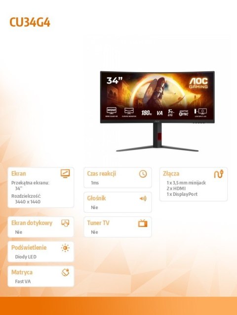 Monitor CU34G4 34 cale 180Hz Curved VA HDMIx2 DP HAS