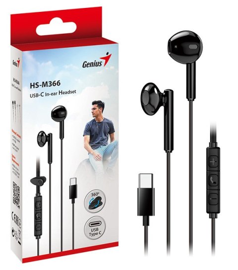 Genius HS-M366 słuchawki z mikrofonem, czarna, 360°obrotowy klips, USB Type-C