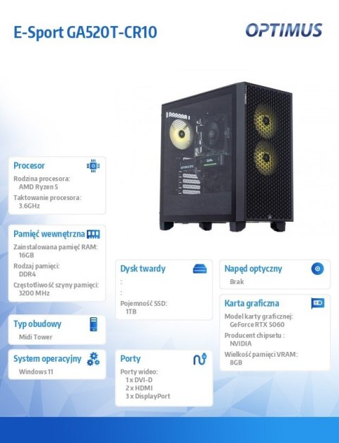 Komputer E-Sport GA520T-CR10 Ryzen 4500/16GB/1TB/RTX 5060 8GB/W11