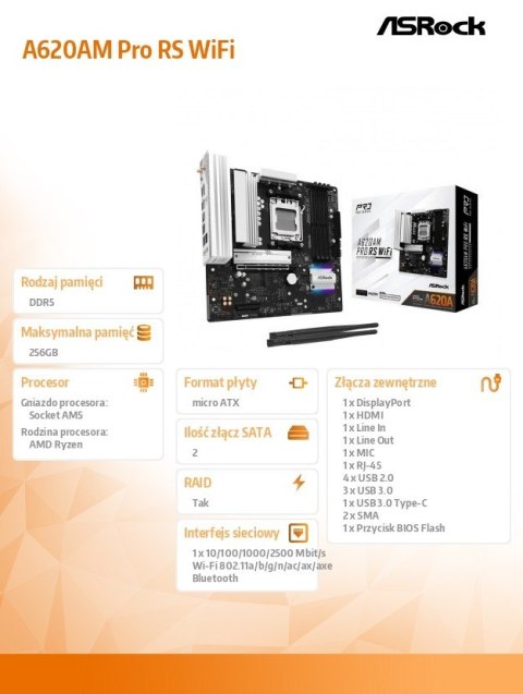 Płyta główna A620AM PRO RS WIFI AM5 4DDR5 HDMI/DP M.2 mATX